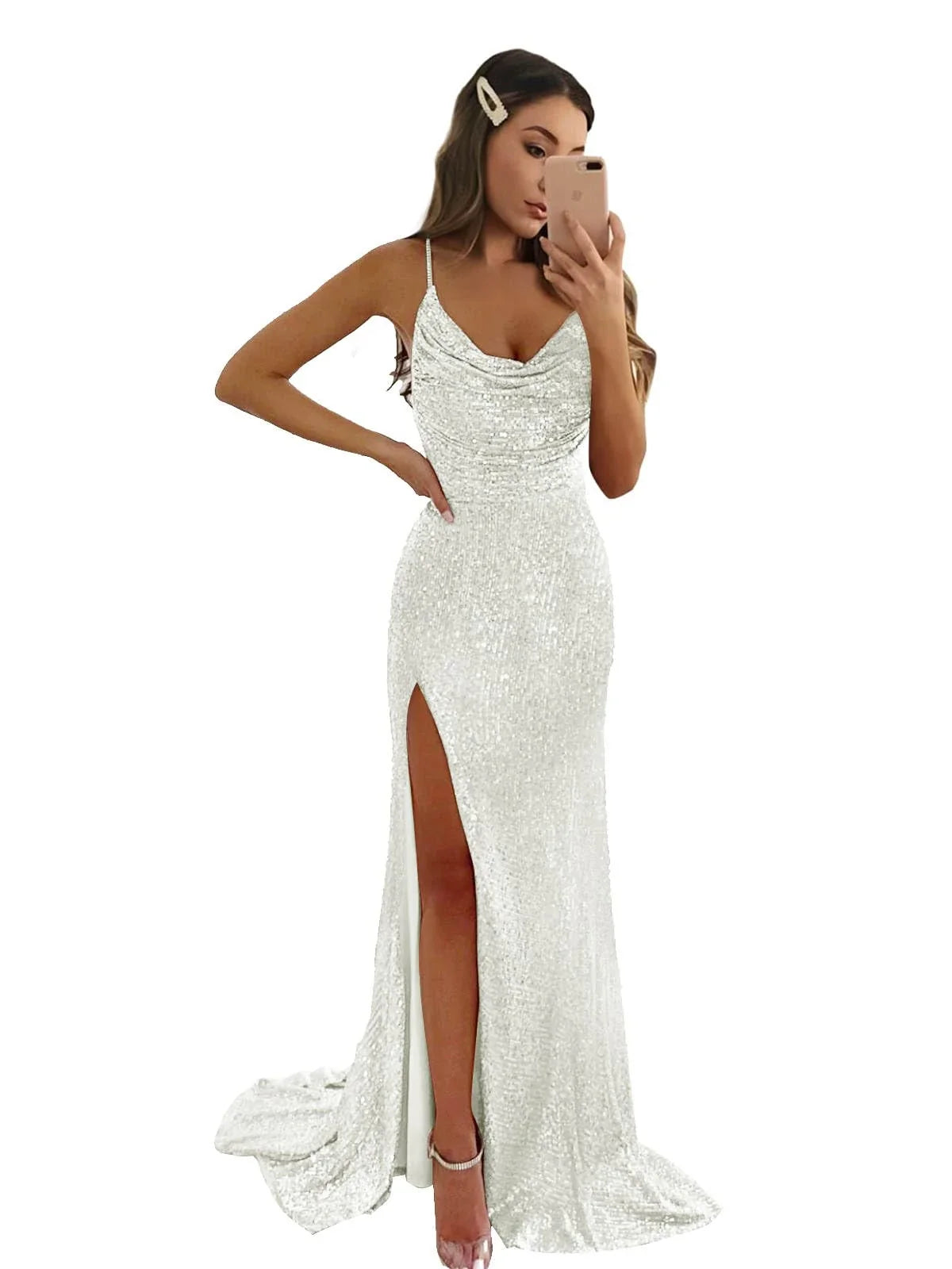 Glamorous Mermaid Deep V-Neck Spaghetti Strap Cross Back Lace-Up Sequin High-Slit Floor-Length Evening Dress