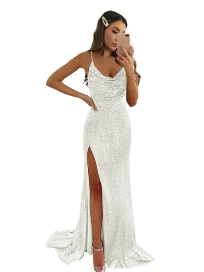 Glamorous Mermaid Deep V-Neck Spaghetti Strap Cross Back Lace-Up Sequin High-Slit Floor-Length Evening Dress
