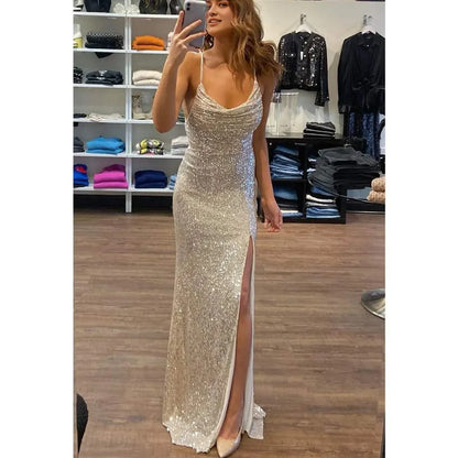 Glamorous Mermaid Deep V-Neck Spaghetti Strap Cross Back Lace-Up Sequin High-Slit Floor-Length Evening Dress