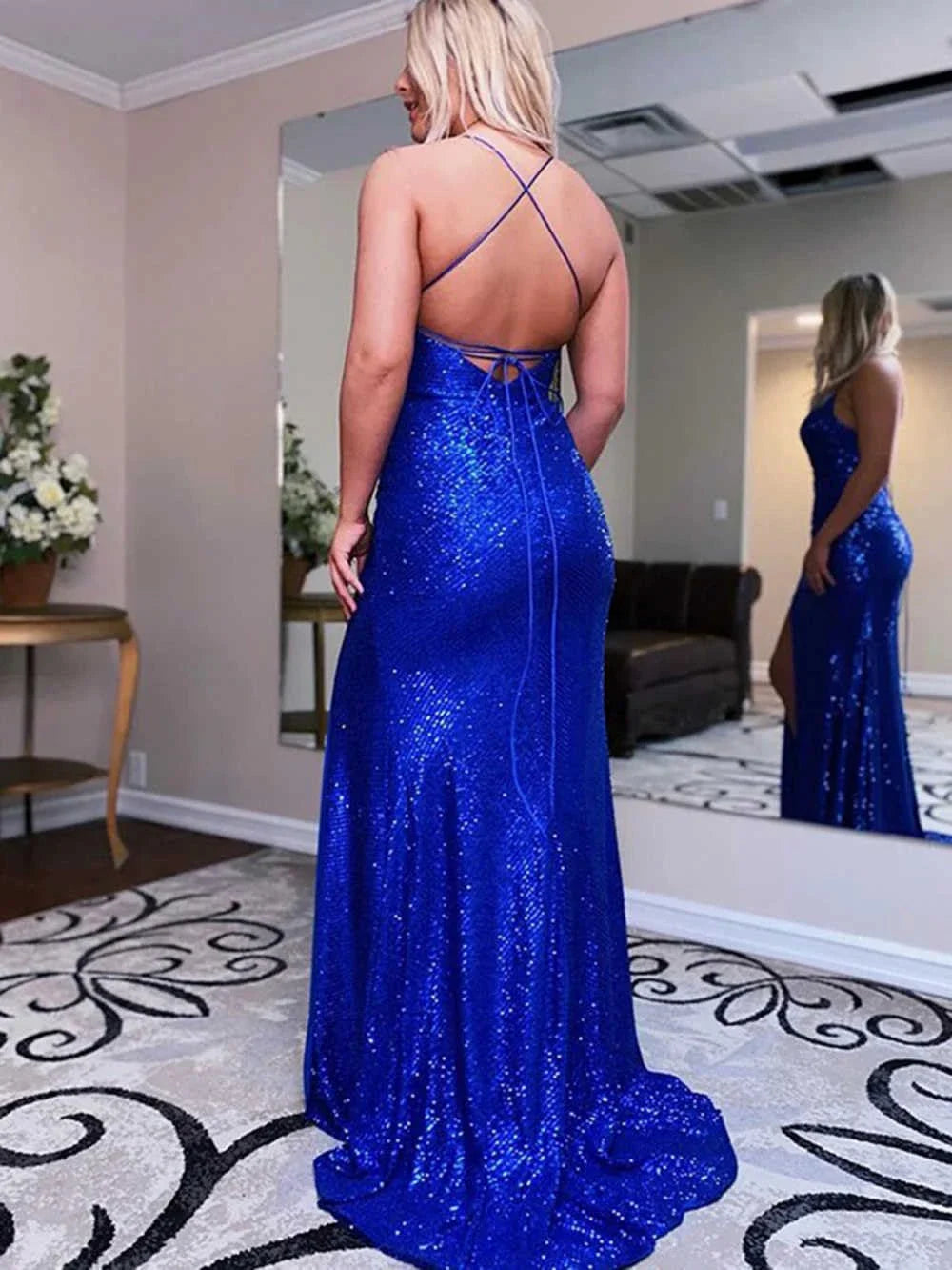 Glamorous Mermaid Deep V-Neck Spaghetti Strap Cross Back Lace-Up Sequin High-Slit Floor-Length Evening Dress