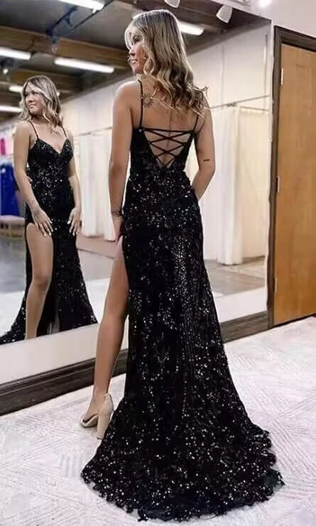 Glamorous Mermaid Deep V - Neck Spaghetti Strap Lace - Up Back High - Slit Floor - Length Evening Dress
