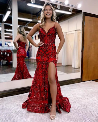 Glamorous Mermaid Deep V - Neck Spaghetti Strap Lace - Up Back High - Slit Floor - Length Evening Dress