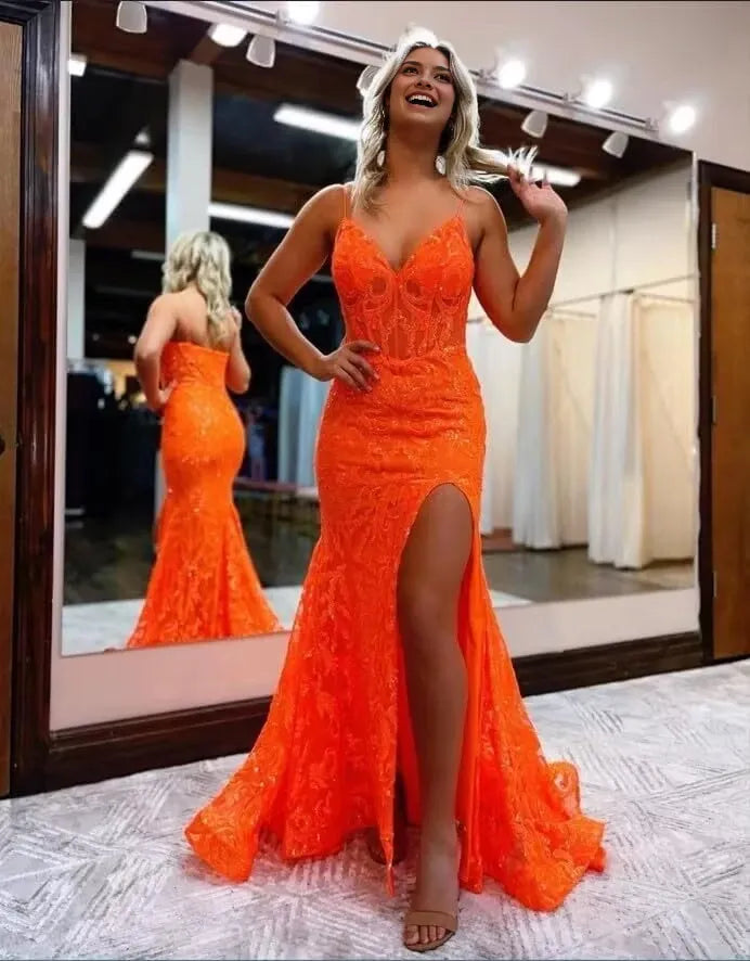 Glamorous Mermaid Deep V - Neck Spaghetti Strap Lace - Up Back High - Slit Floor - Length Evening Dress