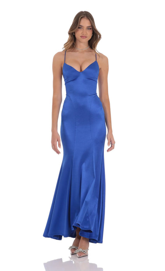 Glamorous Mermaid Deep-V Spaghetti-Strap Lace-Up Open-Back Royal Blue Floor-Length Prom Dresses