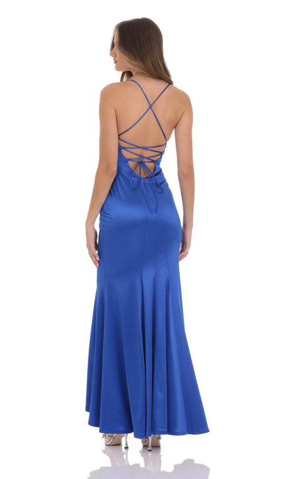 Glamorous Mermaid Deep-V Spaghetti-Strap Lace-Up Open-Back Royal Blue Floor-Length Prom Dresses