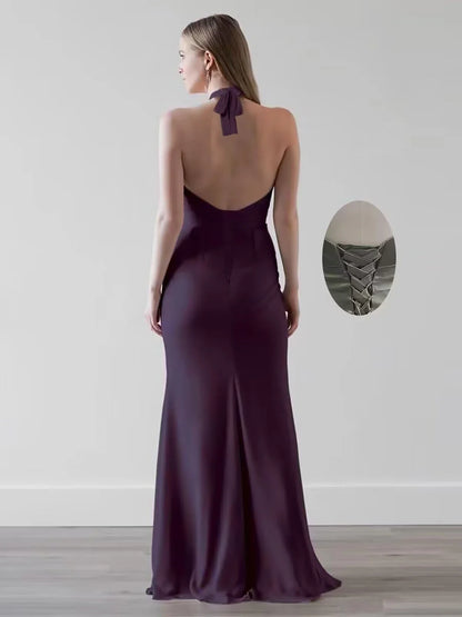 Glamorous Mermaid Halter Neck Sleeveless Tie Back Floor Length Evening Dress