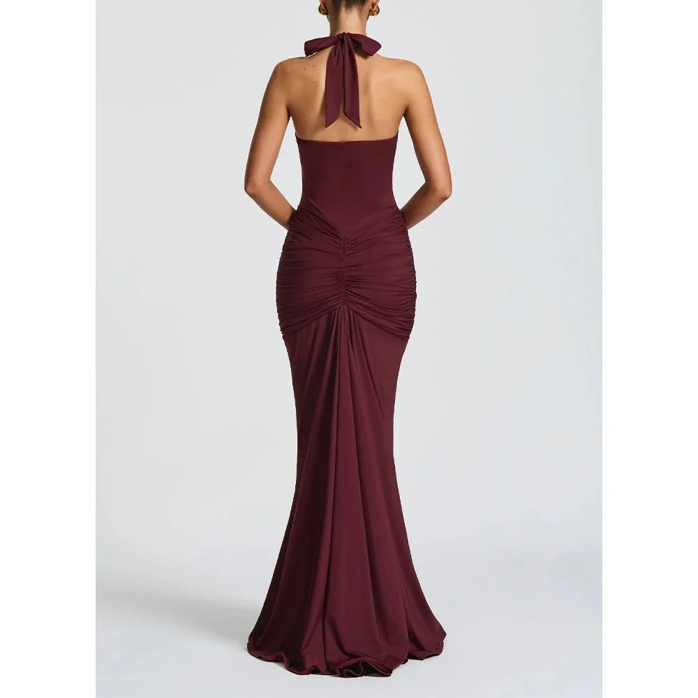 Glamorous Mermaid Halter-Neck Sleeveless Tie-Back Maxi Evening Dress