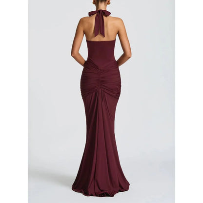 Glamorous Mermaid Halter-Neck Sleeveless Tie-Back Maxi Evening Dress