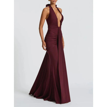 Glamorous Mermaid Halter-Neck Sleeveless Tie-Back Maxi Evening Dress