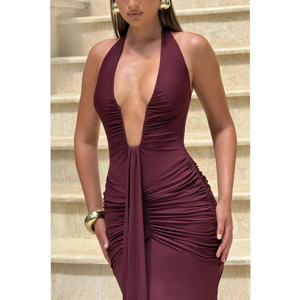 Glamorous Mermaid Halter-Neck Sleeveless Tie-Back Maxi Evening Dress