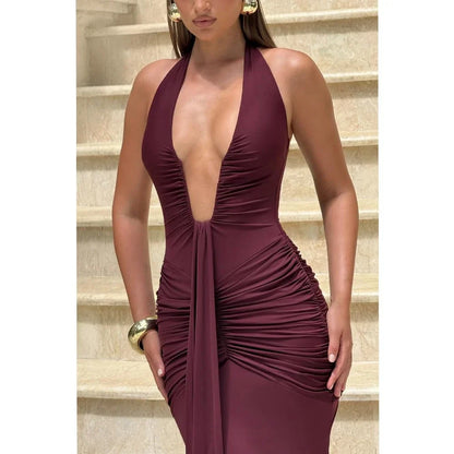 Glamorous Mermaid Halter-Neck Sleeveless Tie-Back Maxi Evening Dress