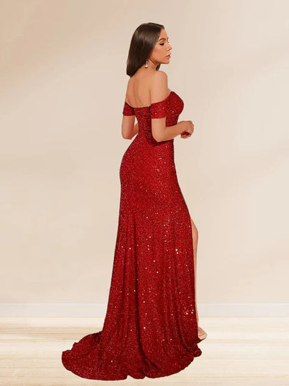 Glamorous Mermaid Off-Shoulder All-Sequin-Slit-Back Red Tulle Floor-Length Prom Dresses