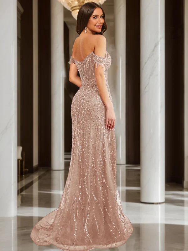 Glamorous Mermaid Off-Shoulder Fringe-Accent Blush Sequin Floor-Length Prom Dresses