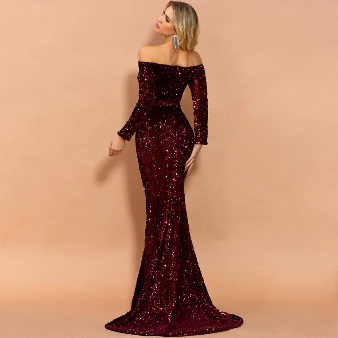 Glamorous Mermaid Off-Shoulder Backless Long Sleeve Sequin Floor-Length Evening Dress