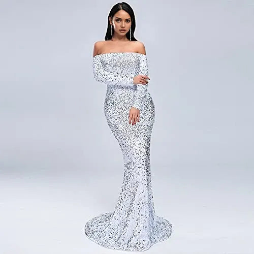 Glamorous Mermaid Off-Shoulder Backless Long Sleeve Sequin Floor-Length Evening Dress