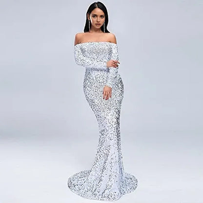 Glamorous Mermaid Off-Shoulder Backless Long Sleeve Sequin Floor-Length Evening Dress