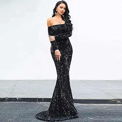 Glamorous Mermaid Off-Shoulder Backless Long Sleeve Sequin Floor-Length Evening Dress
