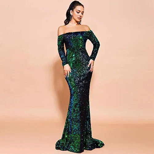 Glamorous Mermaid Off-Shoulder Backless Long Sleeve Sequin Floor-Length Evening Dress