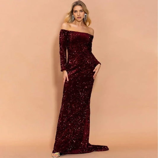Glamorous Mermaid Off-Shoulder Backless Long Sleeve Sequin Floor-Length Evening Dress