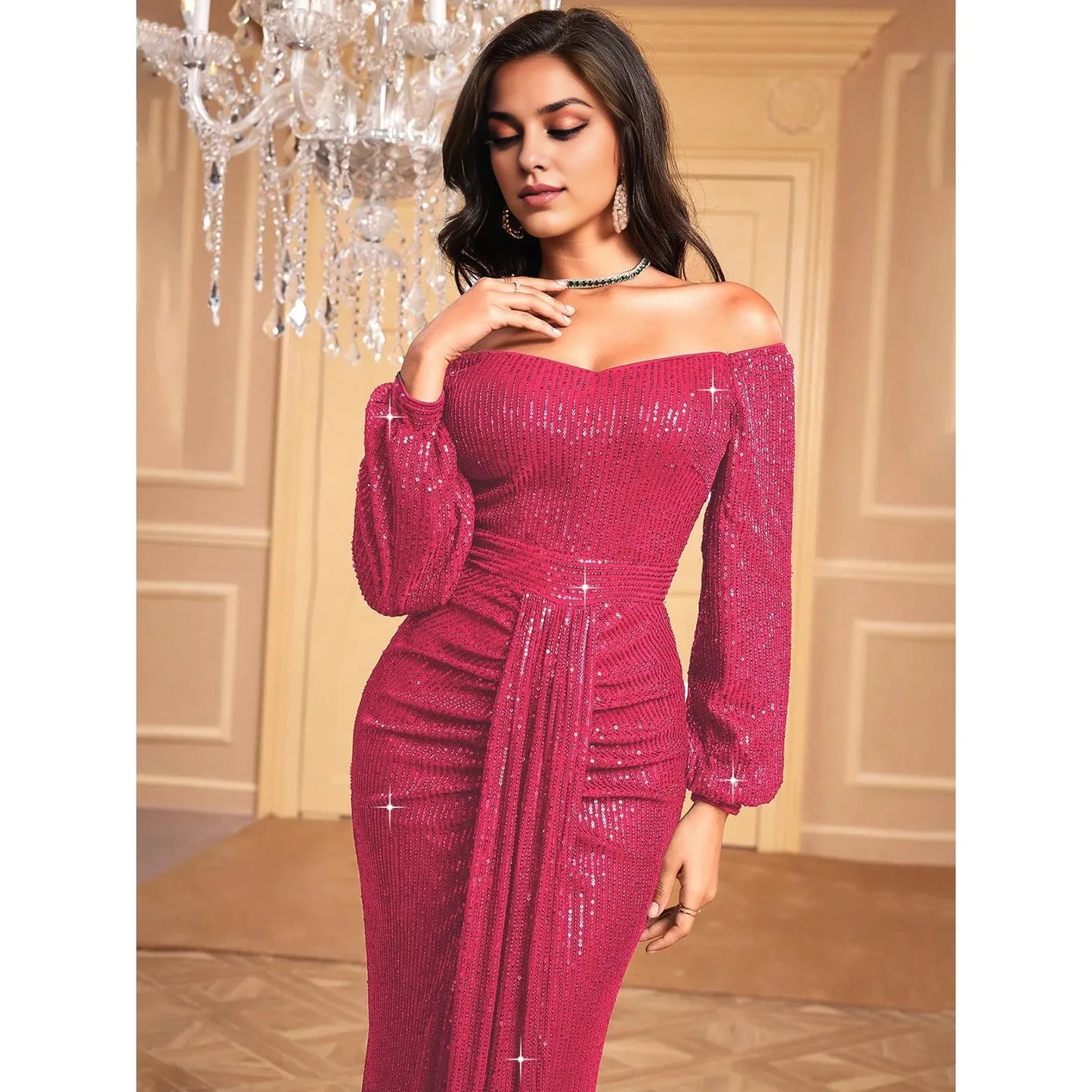Glamorous Mermaid Off - Shoulder Long Sleeve Zipper - Back Floor - Length Evening Dresses