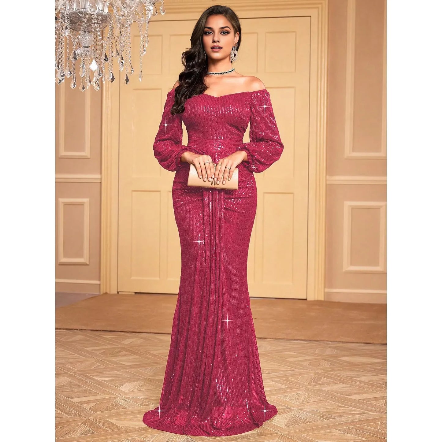 Glamorous Mermaid Off - Shoulder Long Sleeve Zipper - Back Floor - Length Evening Dresses