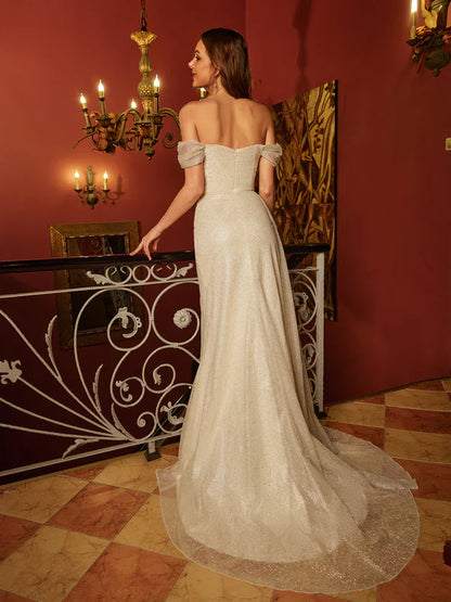 Glamorous Mermaid Off-Shoulder Open-Back Glitter-Tulle Champagne Floor-Length Prom Dresses