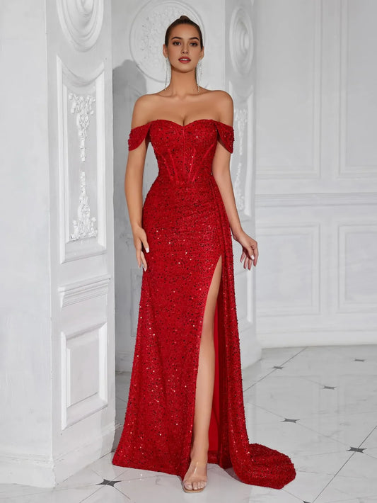 Glamorous Mermaid Off-Shoulder Short-Sleeve Lace-Up-Back Train Maxi Evening Dress