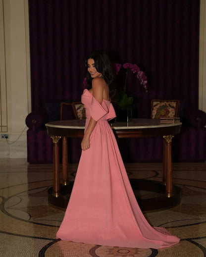 Glamorous Mermaid Off-The-Shoulder Short Sleeve Draped Satin Evening Dress With Slit & Train