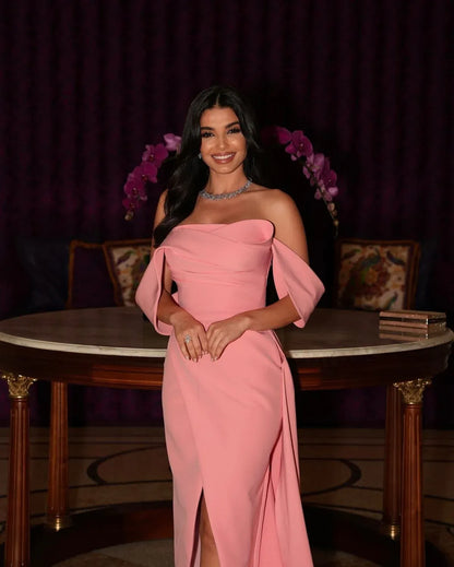 Glamorous Mermaid Off-The-Shoulder Short Sleeve Draped Satin Evening Dress With Slit & Train