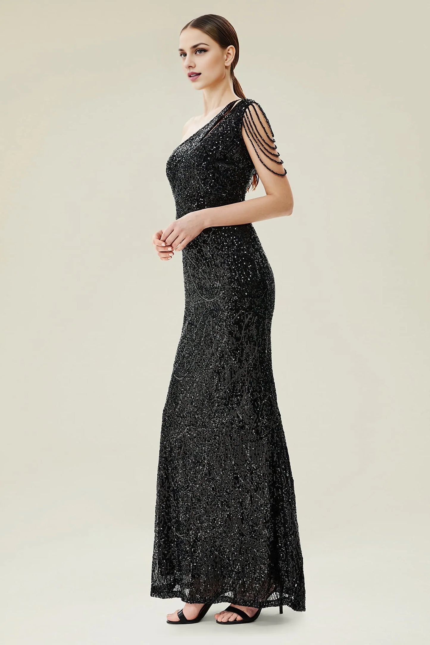 Glamorous Mermaid One - Shoulder Back Zip Beaded Floor - Length Evening Dress