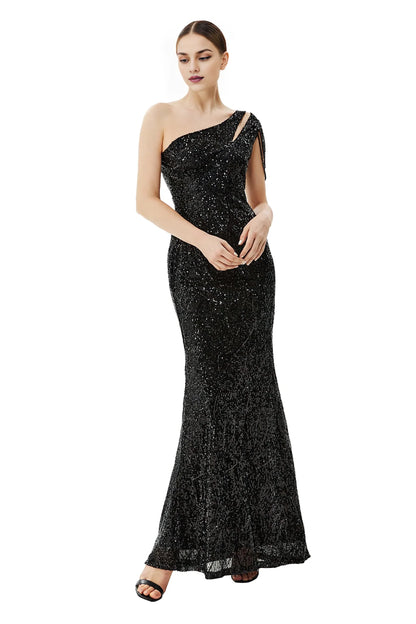 Glamorous Mermaid One - Shoulder Back Zip Beaded Floor - Length Evening Dress