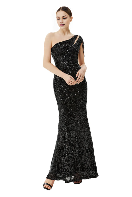 Glamorous Mermaid One - Shoulder Back Zip Beaded Floor - Length Evening Dress