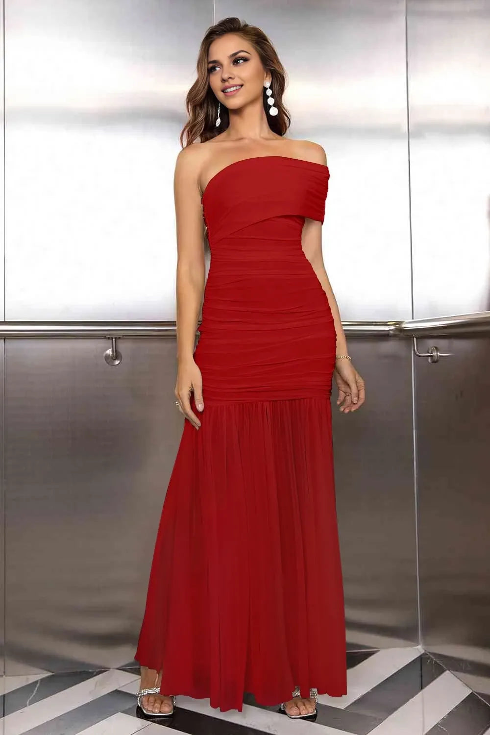 Glamorous Mermaid One - Shoulder Cap Sleeve Zipper - Back Floor - Length Mother of the Bride Dress