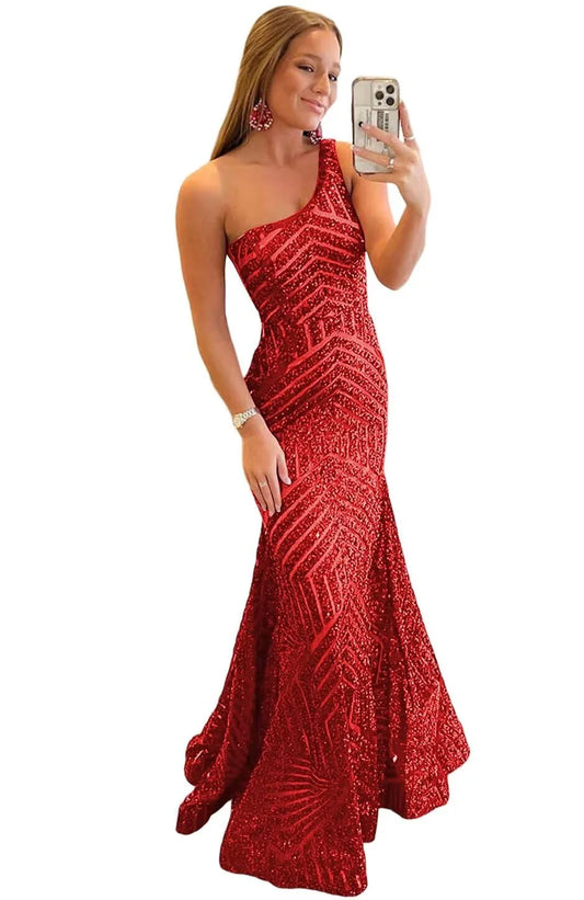 Glamorous Mermaid One-Shoulder Backless Sequin Open Back Sleeveless Floor-Length Evening Dress