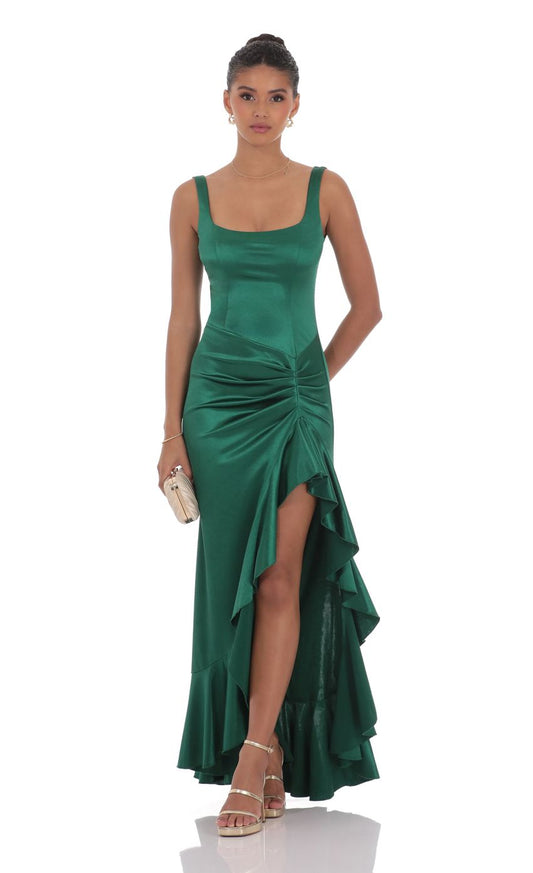 Glamorous Mermaid Square-Neck Sleeveless Open-Back Emerald Satin Floor-Length Prom Dresses
