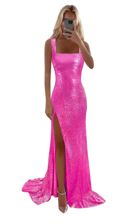 Glamorous Mermaid Square Neck Sleeveless Sequin High Slit Floor Length Evening Dres