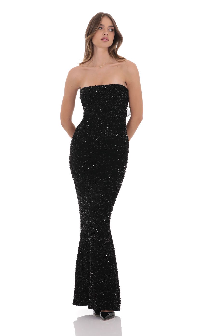 Glamorous Mermaid Strapless Sequin-Accented Bow-Open-Back Black Floor-Length Prom Dresses