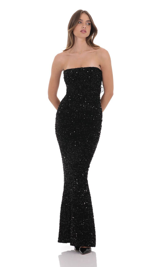 Glamorous Mermaid Strapless Sequin-Accented Bow-Open-Back Black Floor-Length Prom Dresses