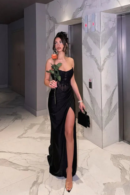 Glamorous Mermaid Strapless Sleeveless Lace-Up-Back Slit Maxi Evening Dress