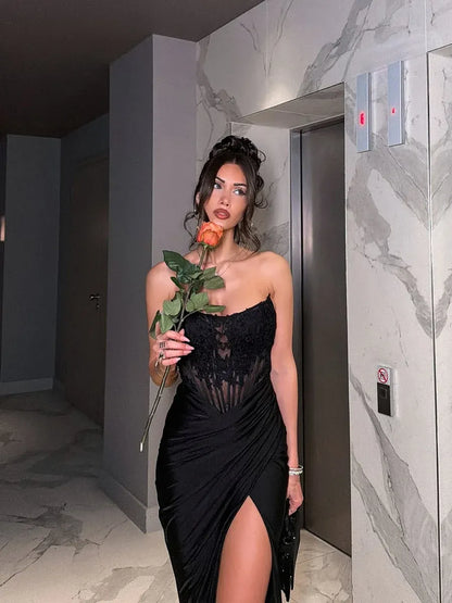 Glamorous Mermaid Strapless Sleeveless Lace-Up-Back Slit Maxi Evening Dress