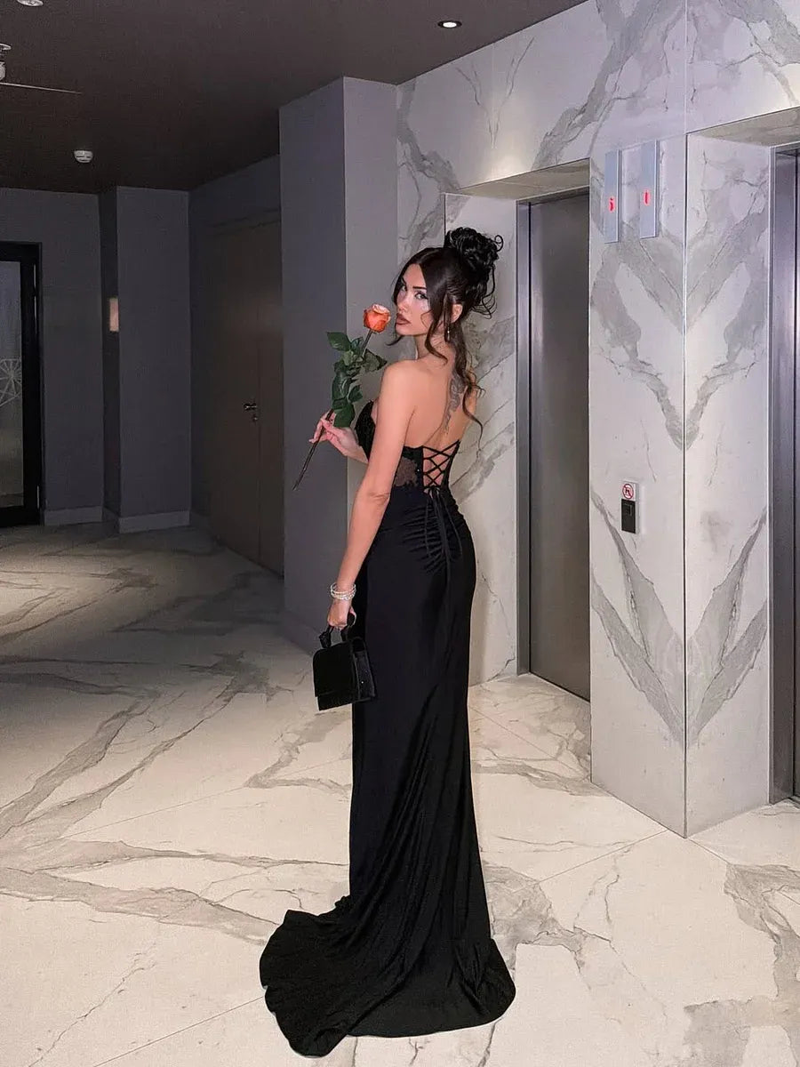Glamorous Mermaid Strapless Sleeveless Lace-Up-Back Slit Maxi Evening Dress