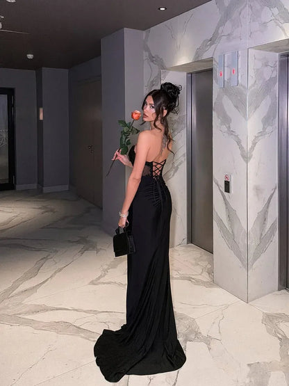 Glamorous Mermaid Strapless Sleeveless Lace-Up-Back Slit Maxi Evening Dress