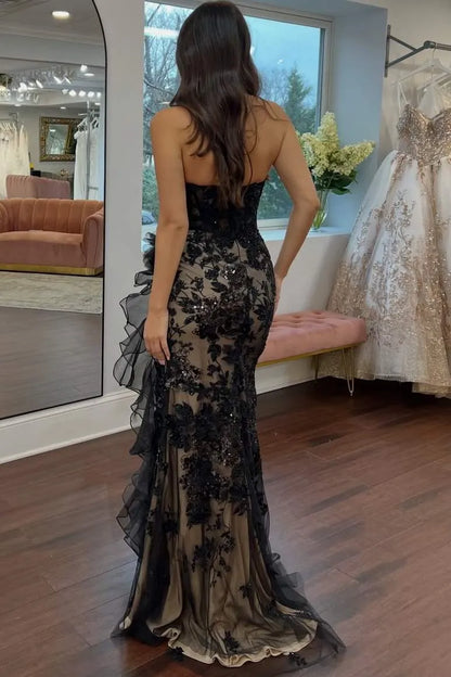 Glamorous Mermaid Strapless Sweetheart Lace Applique Split Evening Dress With Train
