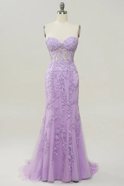 Glamorous Mermaid Strapless Sweetheart Sheer Lace-Up Corset Lace Applique Tulle Evening Dress With Train