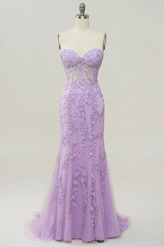 Glamorous Mermaid Strapless Sweetheart Sheer Lace-Up Corset Lace Applique Tulle Evening Dress With Train