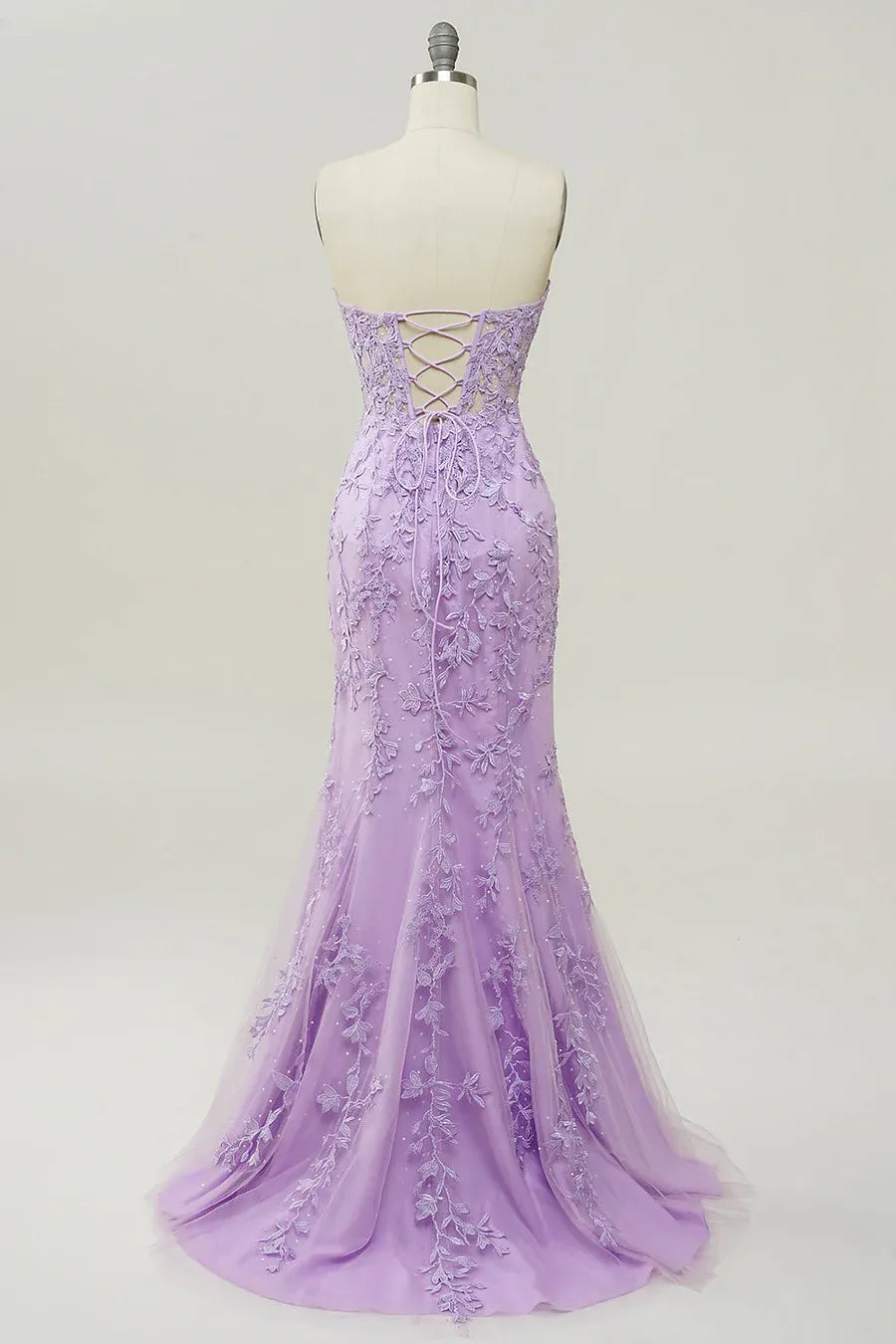 Glamorous Mermaid Strapless Sweetheart Sheer Lace-Up Corset Lace Applique Tulle Evening Dress With Train