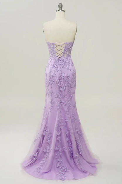 Glamorous Mermaid Strapless Sweetheart Sheer Lace-Up Corset Lace Applique Tulle Evening Dress With Train