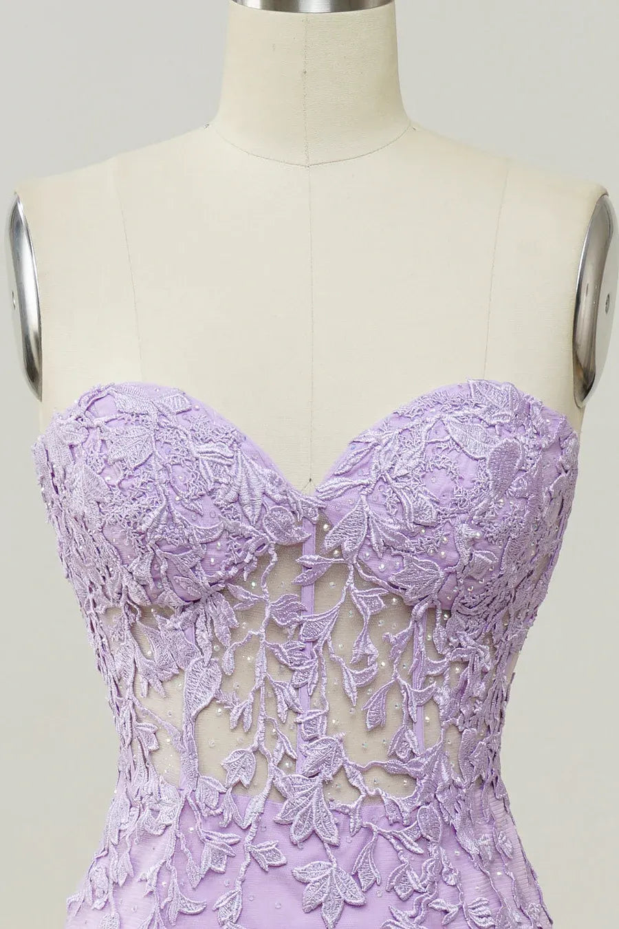 Glamorous Mermaid Strapless Sweetheart Sheer Lace-Up Corset Lace Applique Tulle Evening Dress With Train
