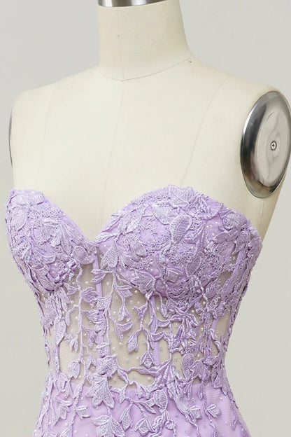 Glamorous Mermaid Strapless Sweetheart Sheer Lace-Up Corset Lace Applique Tulle Evening Dress With Train