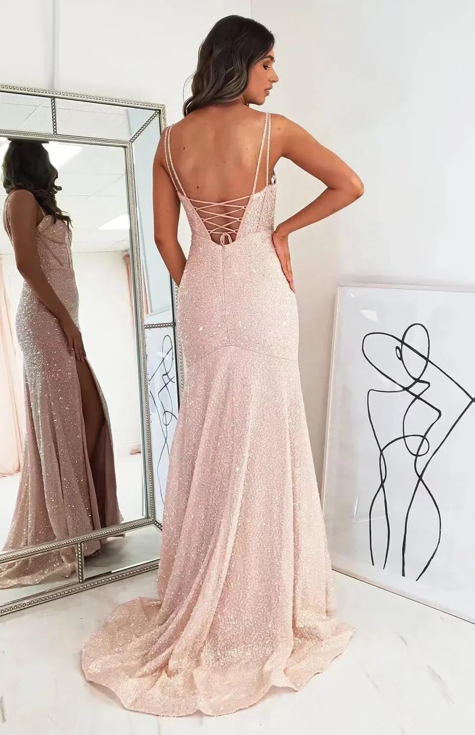 Glamorous Mermaid Sweetheart Neck Spaghetti Strap Lace Up Back High Slit Floor Length Evening Dress